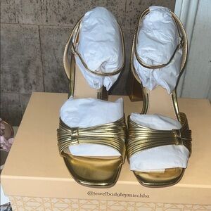 Jewel Badgley Mischka Gold Metallic Strappy Block-Heel Sandals